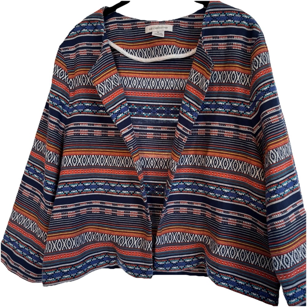 Liz Claiborne Womens Jacket Aztec Stripe Western Woven 3/4 Sleeve Tribal Boho XL